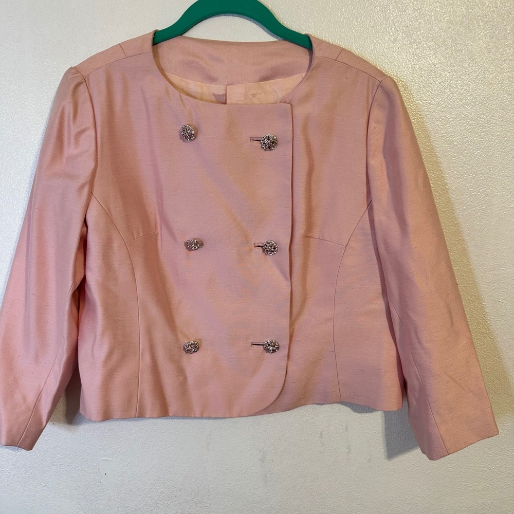 Vintage Rona Pink Skirt Suit Set Rhinestone Button Bow Dress Jacket 2pc - Picture 5 of 16